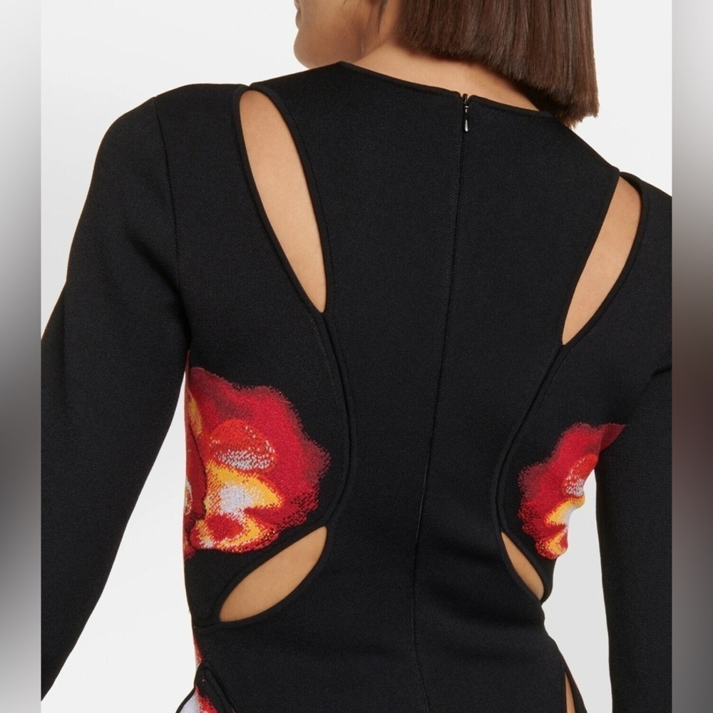 Alexander McQueen Orchid Jacquard Midi Dress Cutouts Medium Black Red Yellow NWT - Picture 14 of 15